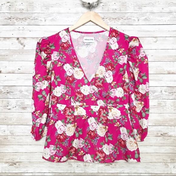 Valencia & Vine Floral Wrap Blouse Pink Puff Sleeve Preppy Twee Romantic Size M - Picture 12 of 12